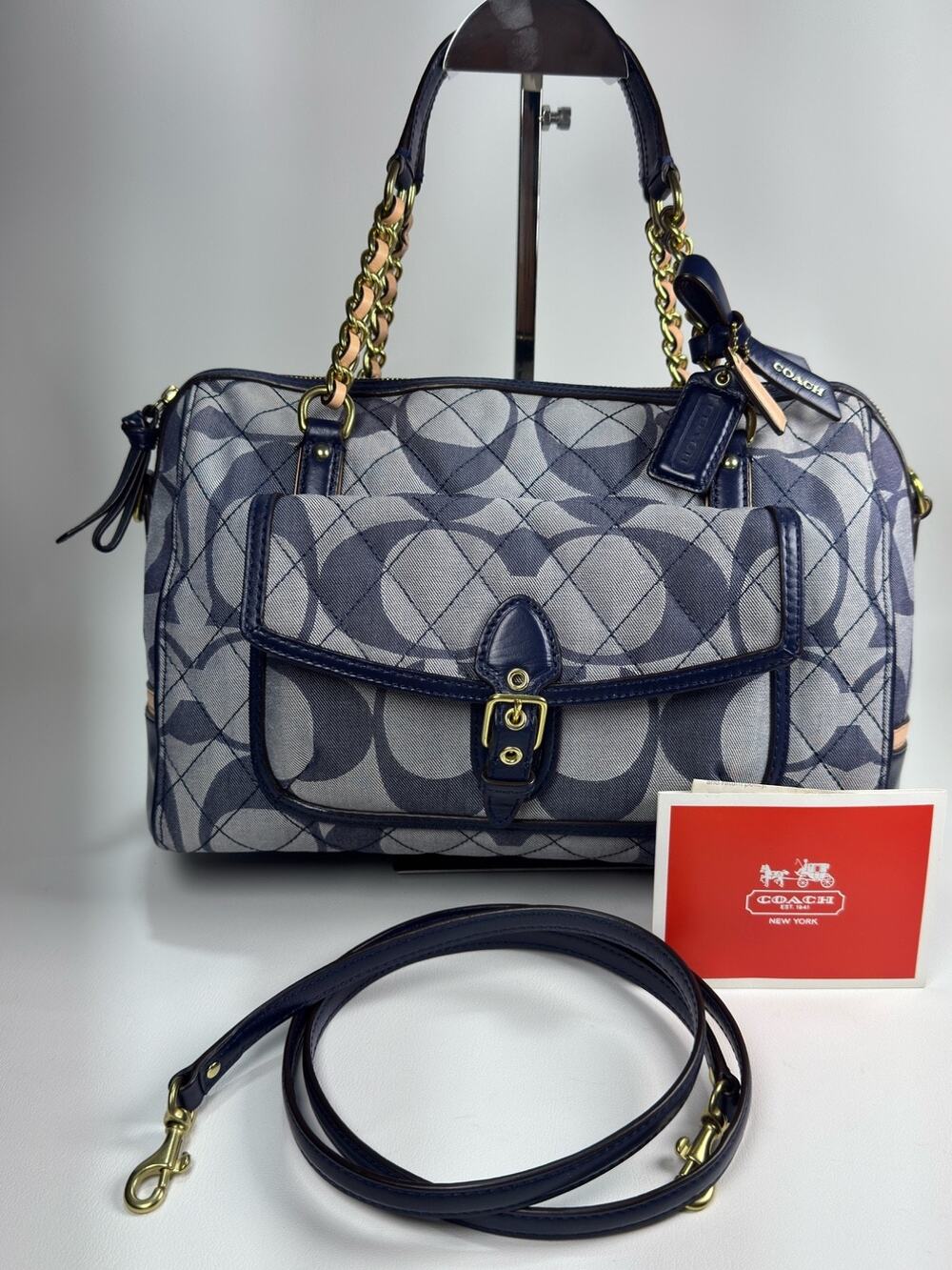 Coach Poppy Quilted Signature Denim Pocket Satchel 25072 Navy Leather 2Way Bag
